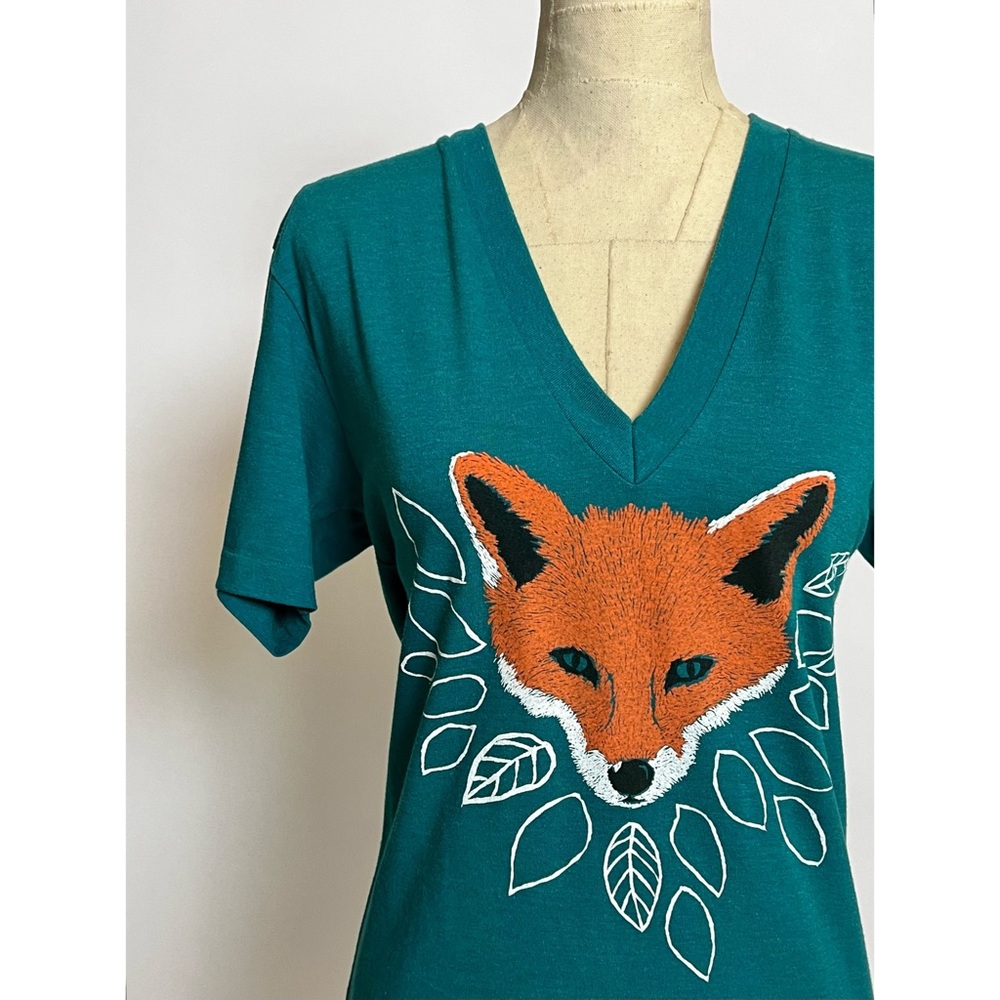 Boho Teal Fox Graphic Lightweight Knit Top Sz M